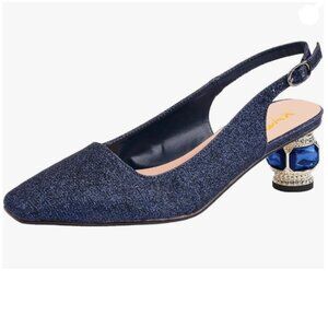 XYD Navy Square Toe Crystal Block Low Heels Pumps Slip On Buckle Strap Shoes